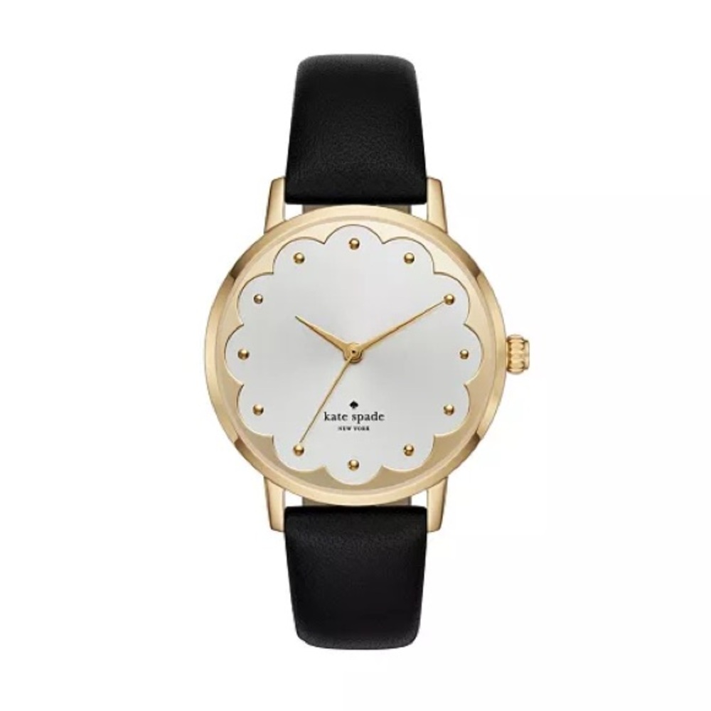 kate spade Women's Metro Scallop Three-Hand Black Leather Watch 34mm